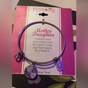 Footnotes Stainless Steel Mother-Daughter Heart Charm Bangle - Pink Accents
